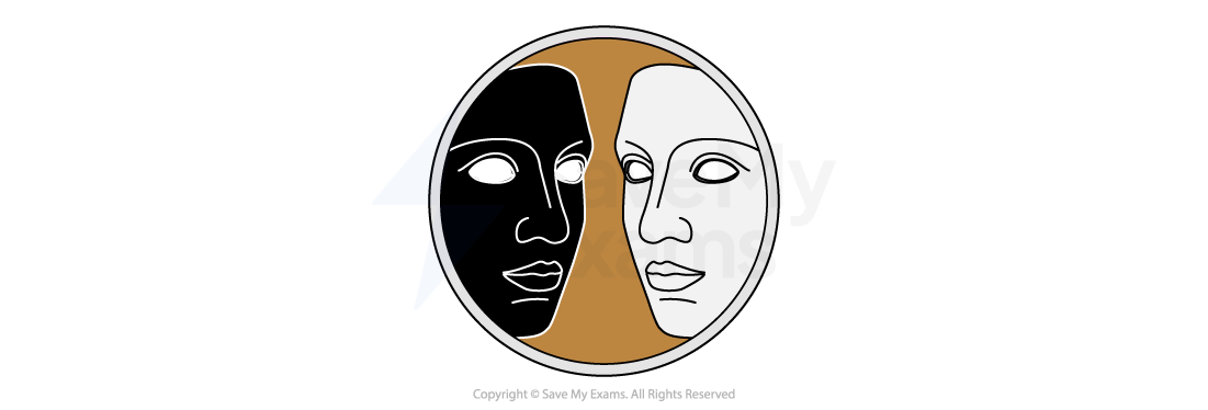 Image symbolising Race and Appearance: Illustration of two face silhouettes, one black and one white, facing each other in a circle with a brown background, symbolising contrast and difference.