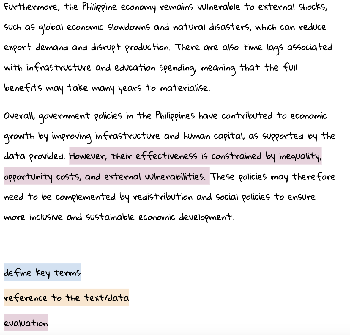 Text discusses Philippine economic vulnerabilities and policy constraints, with highlighted sections on inequality and external factors; includes notes on defining terms and evaluations.