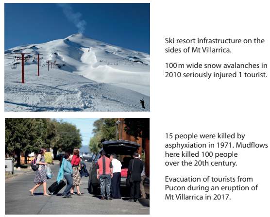 Top image: Snow-covered Mt Villarrica with ski resort structures. Bottom image: Tourists evacuating Pucon with luggage during Mt Villarrica eruption.