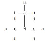 Chemical structure of trimethylamine, showing a central nitrogen atom bonded to three methyl groups, each with three hydrogen atoms.
