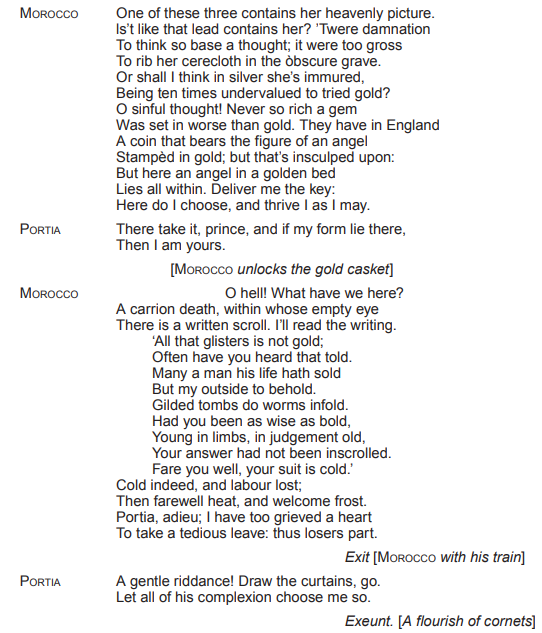 A script excerpt from Shakespeare's "The Merchant of Venice," featuring a dialogue between Morocco and Portia about choosing from caskets, with themes of gold and deception.