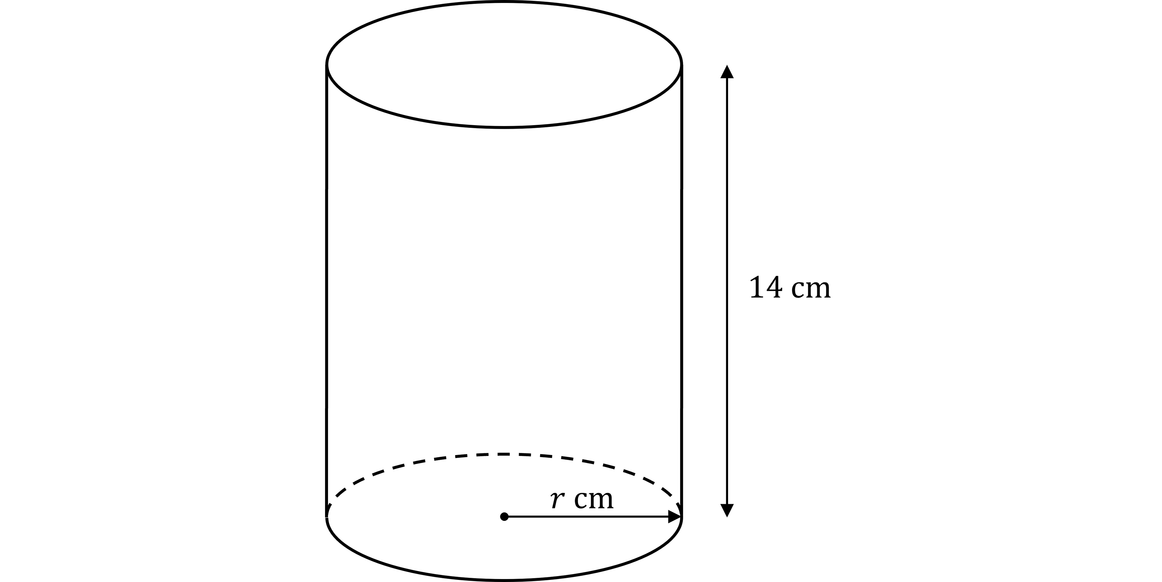 Diagram of a cylinder with height labelled 14 cm. A solid line indicates the radius 'r' from the centre to the edge of the base.