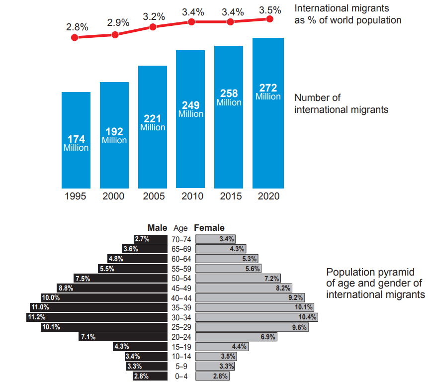Chart showing growth in international migrants from 174 million in 1995 to 272 million in 2020, plus age and gender distribution pyramid for 2020.