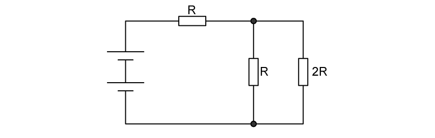 Circuit diagram with a battery and three resistors: resistor 2R in parallel with resistor R; another resistor R is in series with the parallel combination.