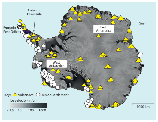 Map of Antarctica showing ice velocity, volcano locations, and human settlements. Yellow triangles mark volcanoes; white circles mark settlements.