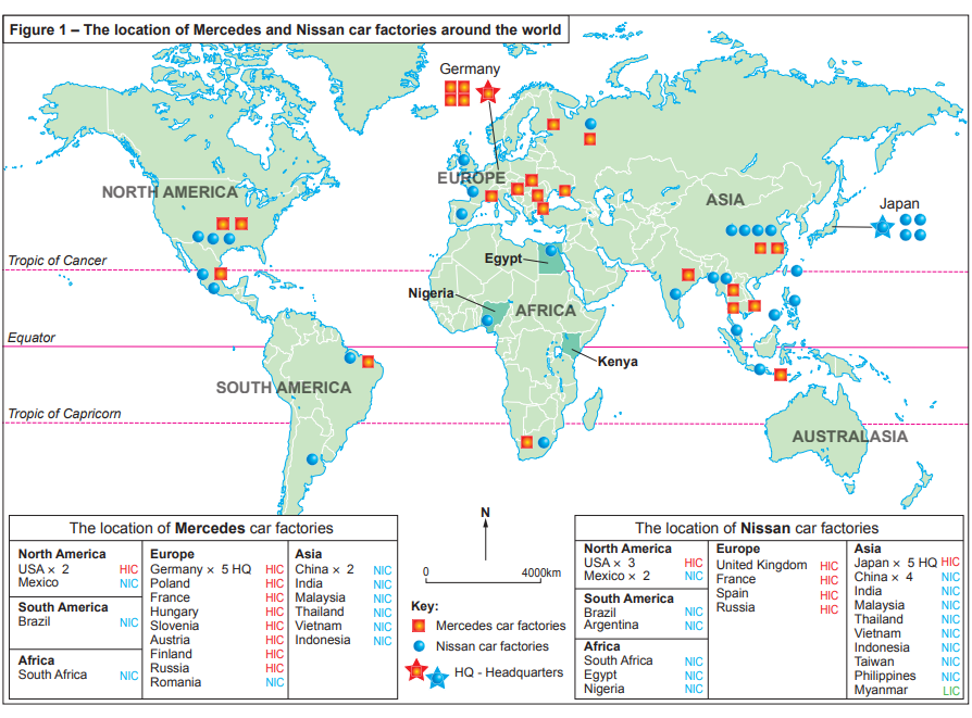 World map showing locations of Mercedes and Nissan car factories, with icons for factories and headquarters in North America, Europe, Asia, and more.