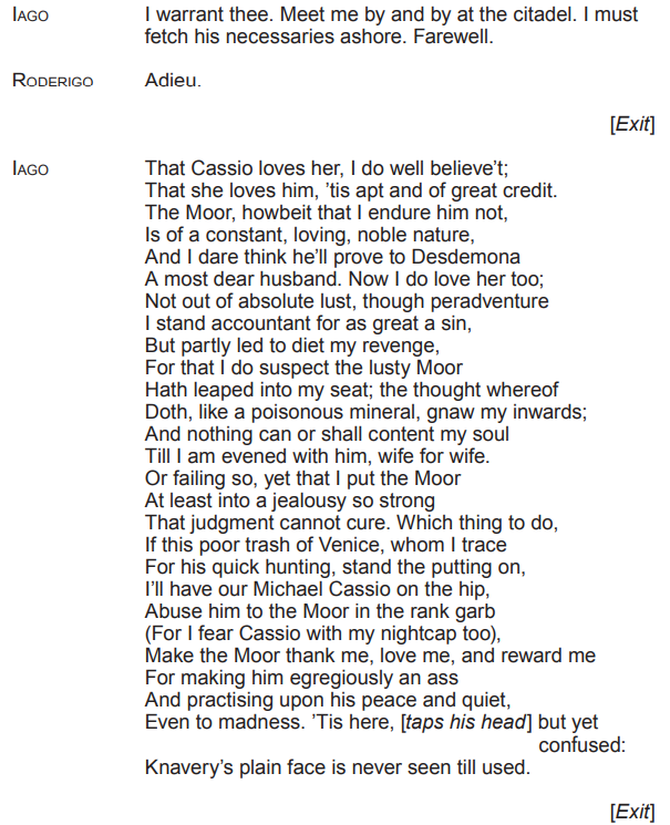 Text from a Shakespearean play, featuring a dialogue between Iago and Roderigo discussing schemes against Othello, with themes of jealousy and manipulation.