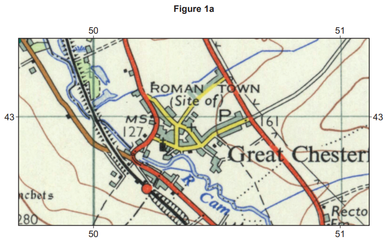 Historical map depicting Great Chesterford with roads, railways, river Cam, and a site labelled "Roman Town". Contour lines and grid references are shown.