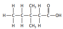 Structural formula of butanoic acid, showing four carbon atoms, single and double bonds with hydrogen, and a carboxyl group (COOH) at the end.