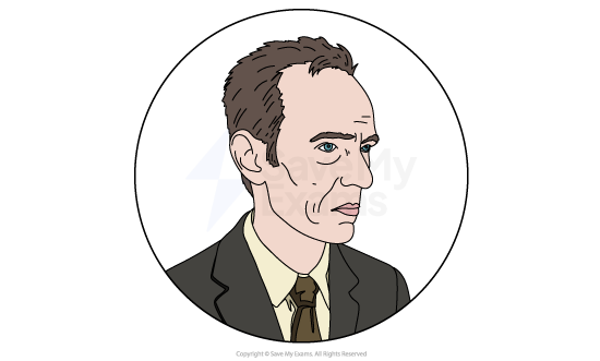 Illustration of a serious-looking man in a suit and tie, with short brown hair, within a circular frame on a white background.