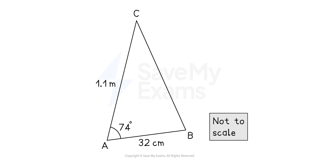 Triangle ABC, whereAB = 32 cm, AC = 1.1 m and angle BAC = 74º.