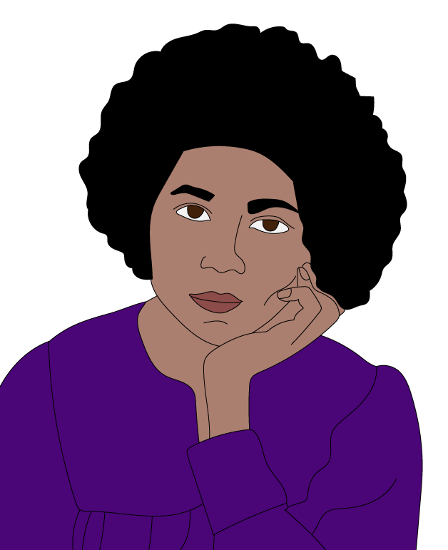 Illustration of a person with short curly hair, resting their head on their hand, wearing a purple top, with a thoughtful expression.