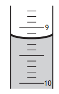 Graduated cylinder containing liquid at the 9 millilitre mark, with clear measurement lines and numbers.