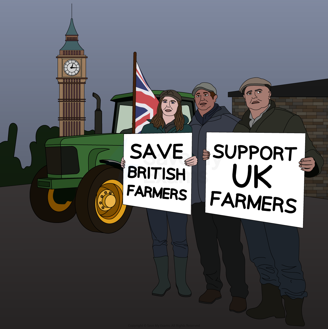 Three people hold signs saying "Save British Farmers" and "Support UK Farmers" in front of a tractor and Big Ben, carrying a Union Jack flag.