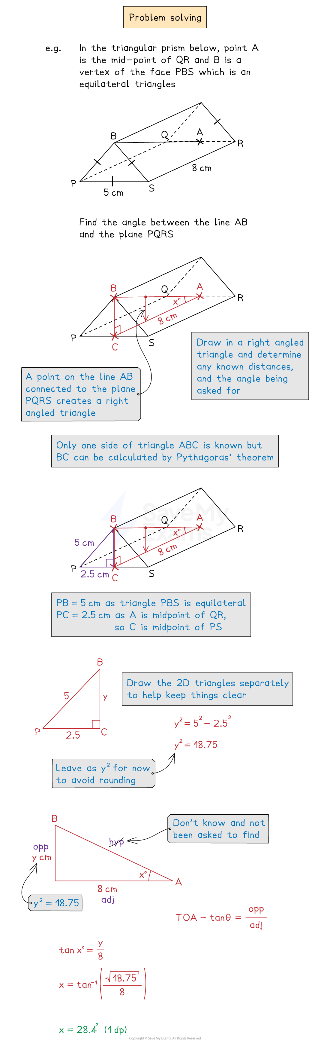 Example showing SOHCAHTOA to find the angle between a line and the base of a triangular prism. (Image 1).