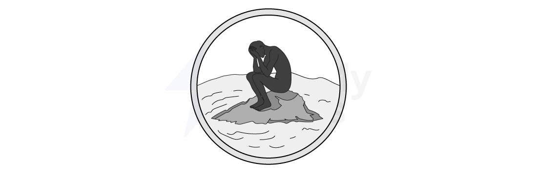 Silhouette of a person sitting pensively on a rocky island surrounded by water, enclosed in a circular frame, conveying isolation and contemplation.