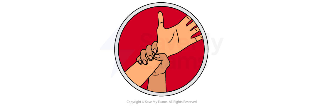Two hands clasping each other on a red background within a circular border, symbolising bullying.