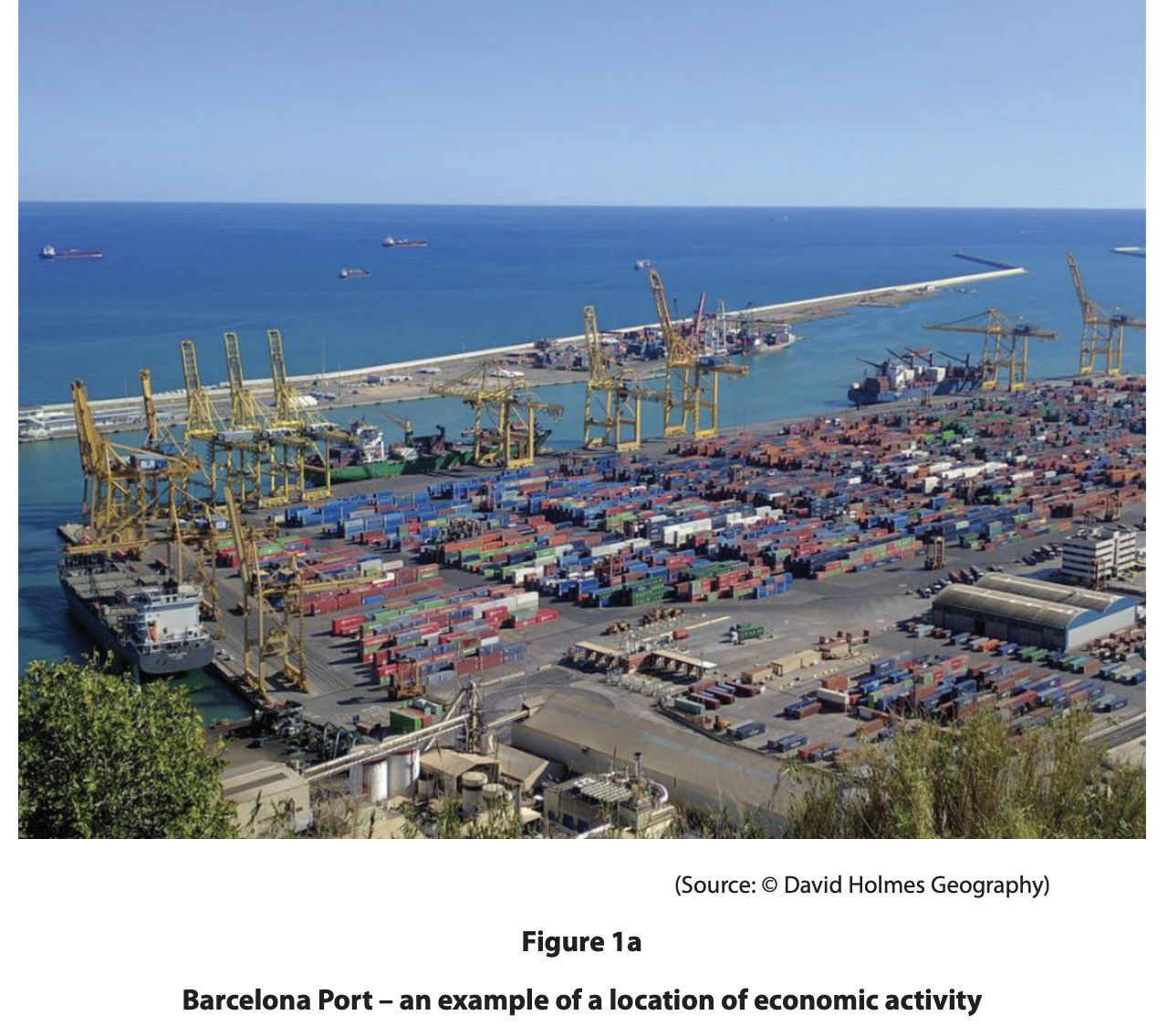 Port of Barcelona showing containers, cranes and ships