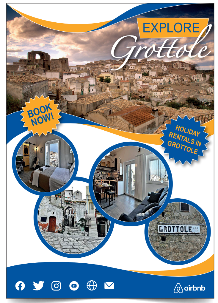 Collage promoting Grottol with a scenic view, rental interiors, and a charming stone street, encouraging holiday bookings. Social icons at bottom.