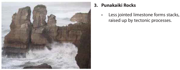 Rocky coastal stacks at Punakaiki with waves crashing against them; features less jointed limestone raised by tectonic processes.