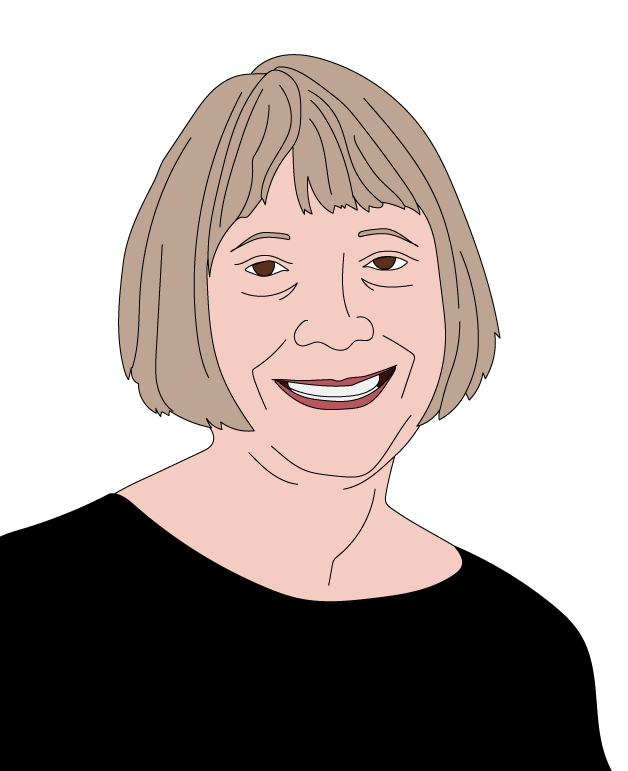 Illustration of a smiling woman with short, straight hair wearing a black top against a white background, featuring detailed facial lines.