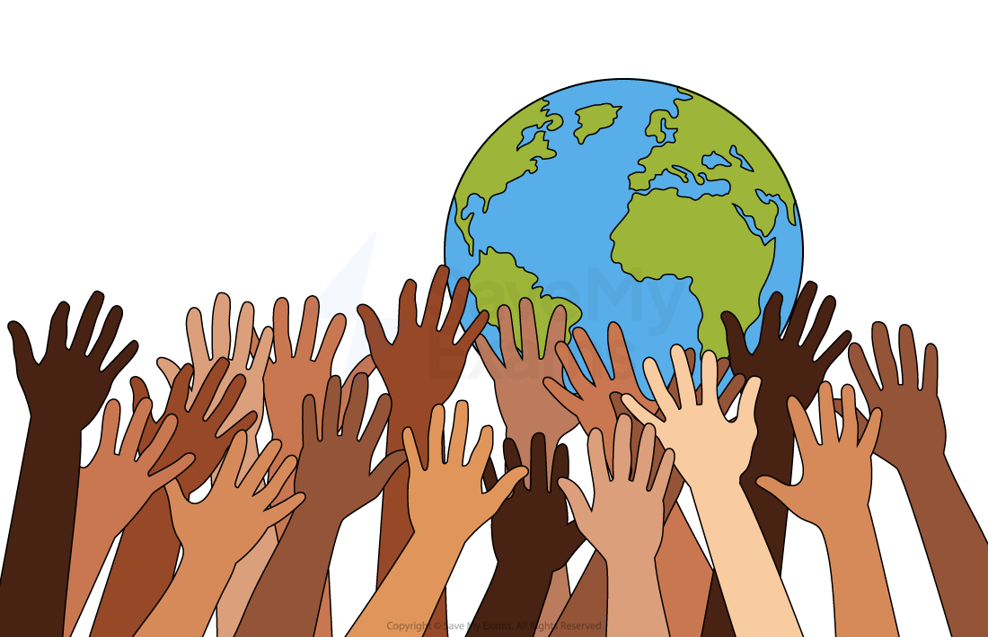 Raised hands of various skin tones made from crumpled paper, reaching towards a globe with visible green continents and blue oceans on a white background.