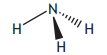 Diagram of an ammonia molecule, showing one nitrogen atom bonded to three hydrogen atoms. Bonds include a solid wedge, dash, and line.