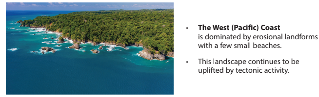 Aerial view of the West Pacific Coast showing lush green forest, rocky shoreline, and turquoise sea; text highlights erosion and tectonic uplift features.