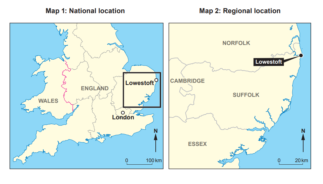 Two maps showing Lowestoft's location in England; one national, showing its placement northeast of London, and one regional, detailing nearby counties.