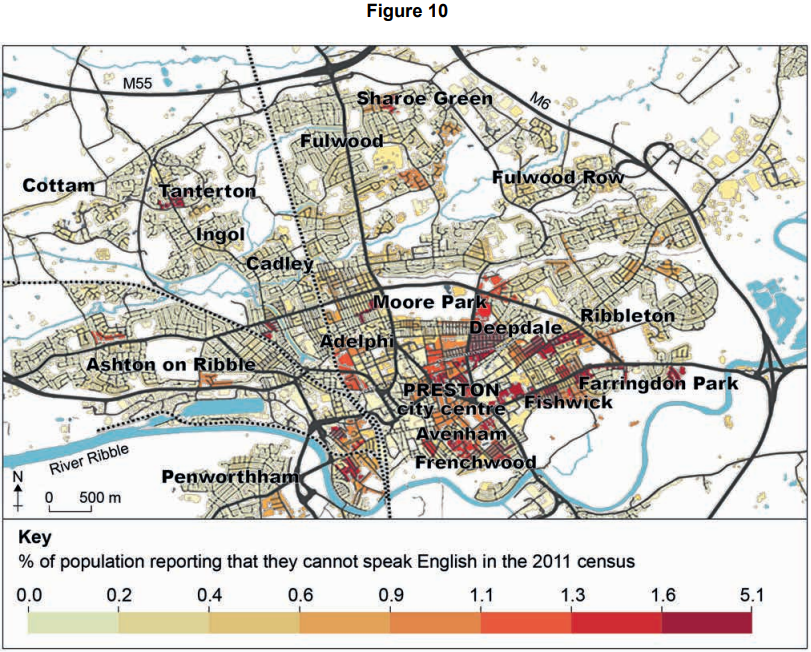 Map of Preston showing the percentage of population unable to speak English from the 2011 census, with colour gradient from 0.0% to 5.1%.