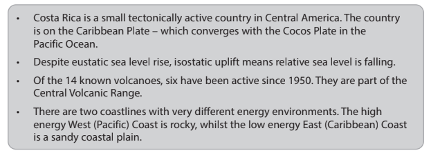 Bullet points about Costa Rica's tectonic activity, sea level changes, volcanic activity, and contrasting coastlines on the Pacific and Caribbean.