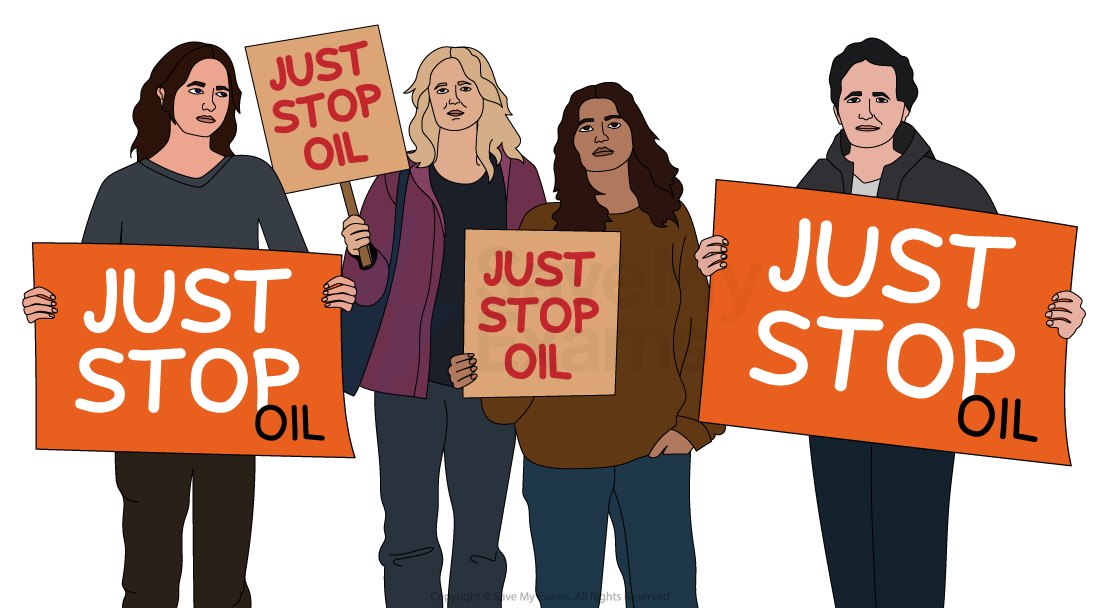 Protesters march with orange banners and signs reading "Just Stop Oil" in a sunny street, advocating against oil use.