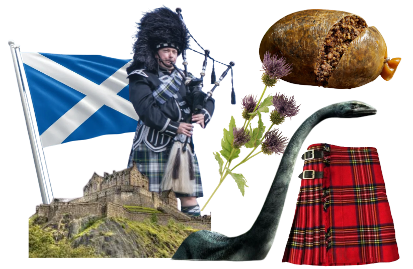 Scottish symbols collage featuring a bagpiper, saltire flag, haggis, thistle, Nessie, tartan kilt, and Edinburgh Castle.