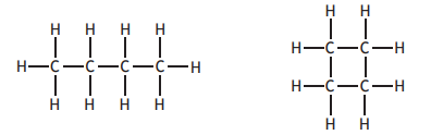 Two molecular structures: left shows a linear chain of four carbon atoms with hydrogen atoms, right shows a square formation of carbon and hydrogen atoms.