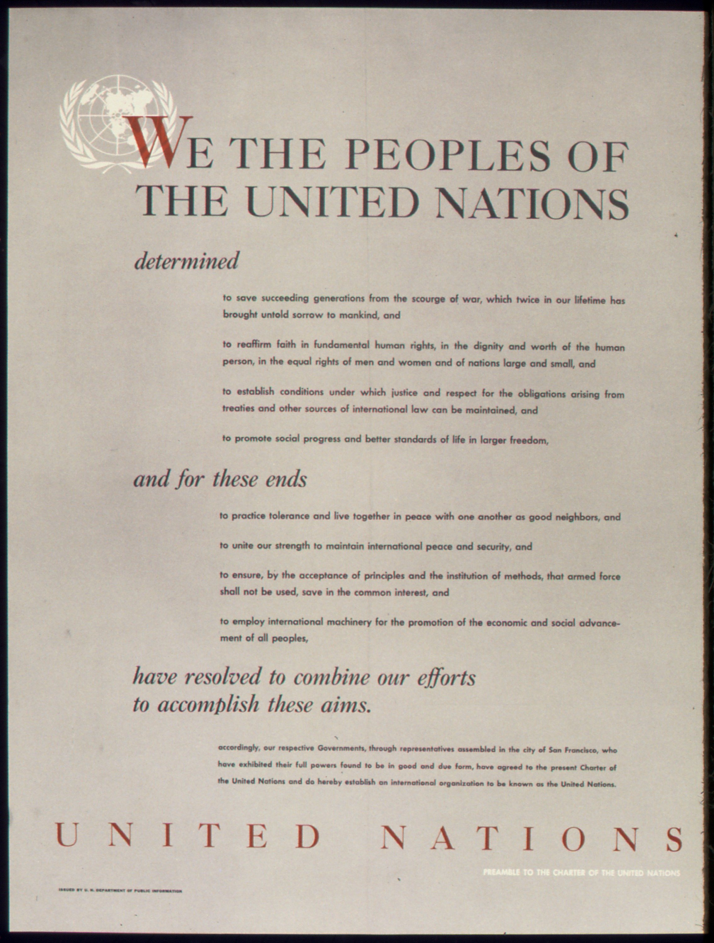 Preamble to the UN Charter detailing commitments to peace, human rights, justice, and international cooperation. Text is formal with UN emblem displayed.