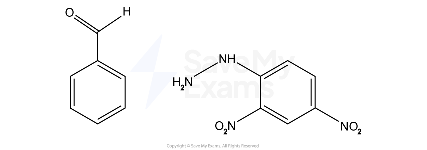 Chemical structures of benzaldehyde on the left and 2,4-dinitrophenylhydrazine on the right, both shown as skeletal formulas.