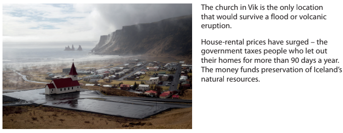 A small coastal village with a red-roofed church on a hill, cliffs in the background, and text about increased house-rental prices in Iceland.