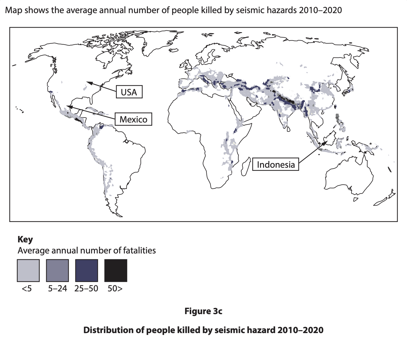 World map showing annual deaths by seismic hazards (2010-2020), highlighting USA, Mexico, and Indonesia. Colour key: grey to black for fatalities.