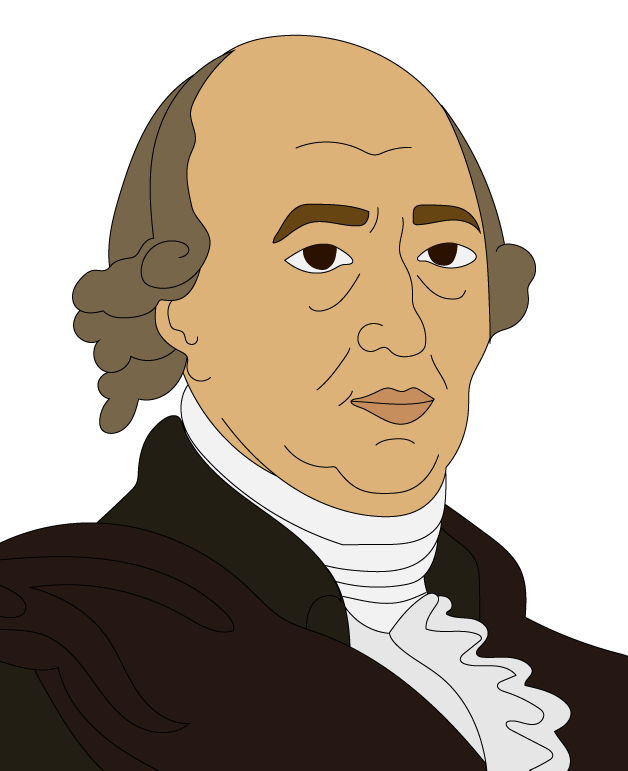 Portrait of a man with 18th-century style attire, having grey hair, wearing a dark coat, against a muted brown background. He has a calm, slight smile.