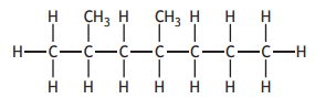 Structural formula of hexane with the chemical representation of carbon (C) and hydrogen (H) atoms arranged in a chain with two methyl groups attached.