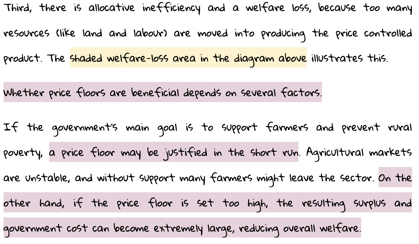 Text explaining welfare loss due to allocative inefficiency and price floors. Highlights justification for price floors in agriculture and potential drawbacks.