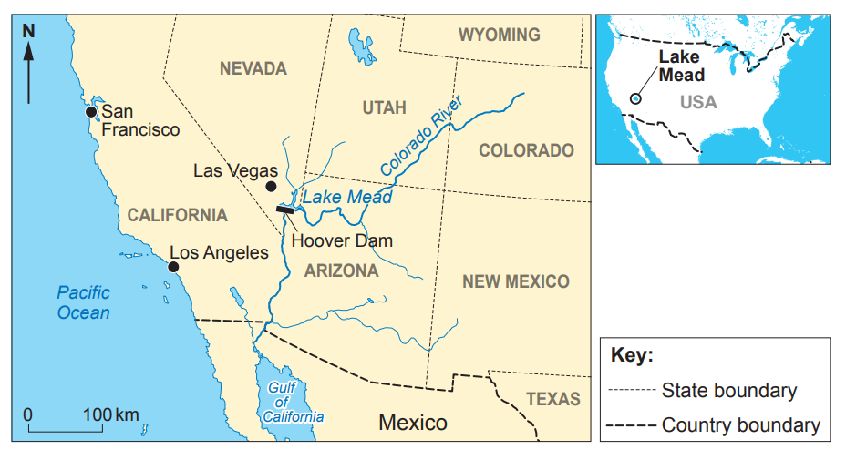 Map showing southwestern USA, highlighting Lake Mead, Hoover Dam, Las Vegas, Los Angeles, San Francisco, state and country boundaries, and the Colorado River.
