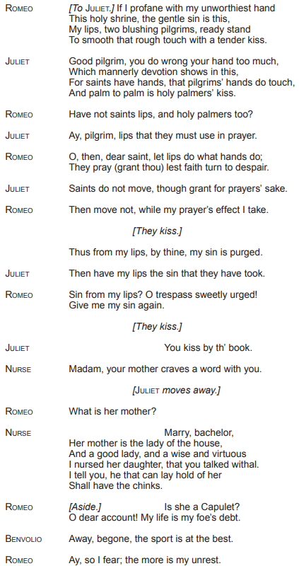 Text from a scene in Shakespeare's "Romeo and Juliet" where Romeo and Juliet exchange dialogue and kiss twice, followed by an interaction with the Nurse.