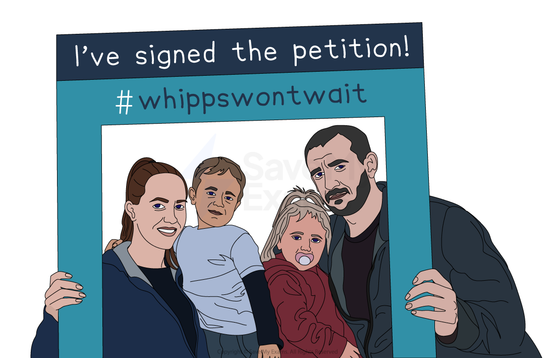 Illustration of a family holding a frame that reads "I've signed the petition! #whippswontwait". The family includes two adults and two children.