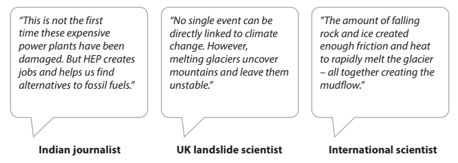 Three speech bubbles feature quotes from an Indian journalist, a UK landslide scientist, and an international scientist about power plants and climate change.