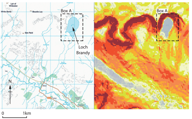 A split image shows a detailed map on the left highlighting Loch Brandy in Box A, with a heatmap on the right, also highlighting Box A and Loch Brandy.