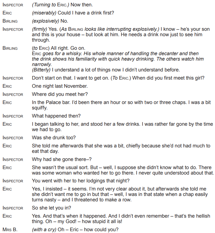 Text from a play script with dialogue between characters: Inspector, Eric, Birling, and Mrs B., discussing a woman Eric met at a bar.