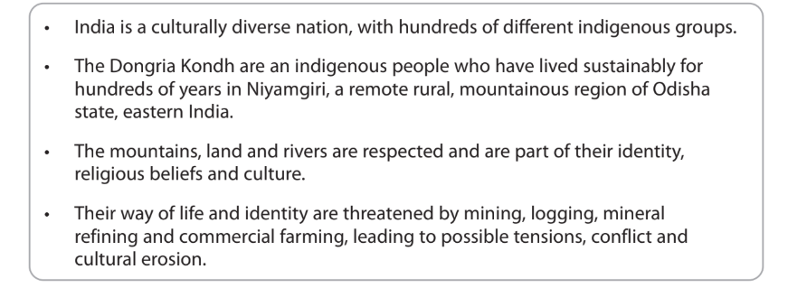 Text about India's diversity; Dongria Kondh's sustainable life in Niyamgiri, Odisha; respect for nature; threats from mining, logging, and farming.