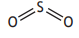 Structural formula of a sulphur dioxide molecule showing one sulphur atom bonded to two oxygen atoms, each with a double bond.