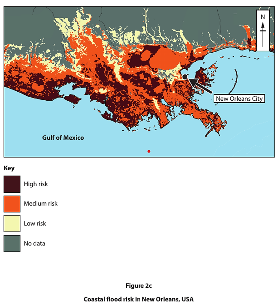 Map showing coastal flood risk in New Orleans, USA, with areas marked as high, medium, or low risk, and labelled Gulf of Mexico and New Orleans City.